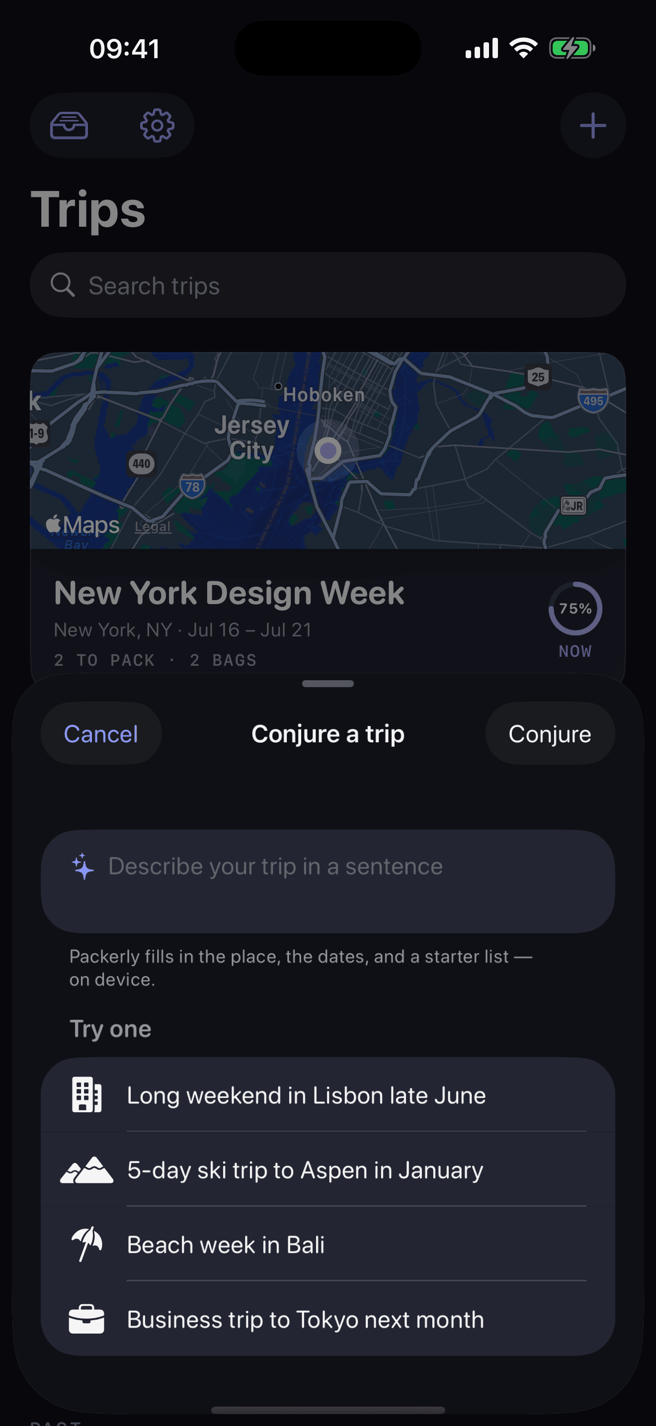 Conjure a Trip — describe a trip in a sentence and Packerly fills the place, dates, and a starter list