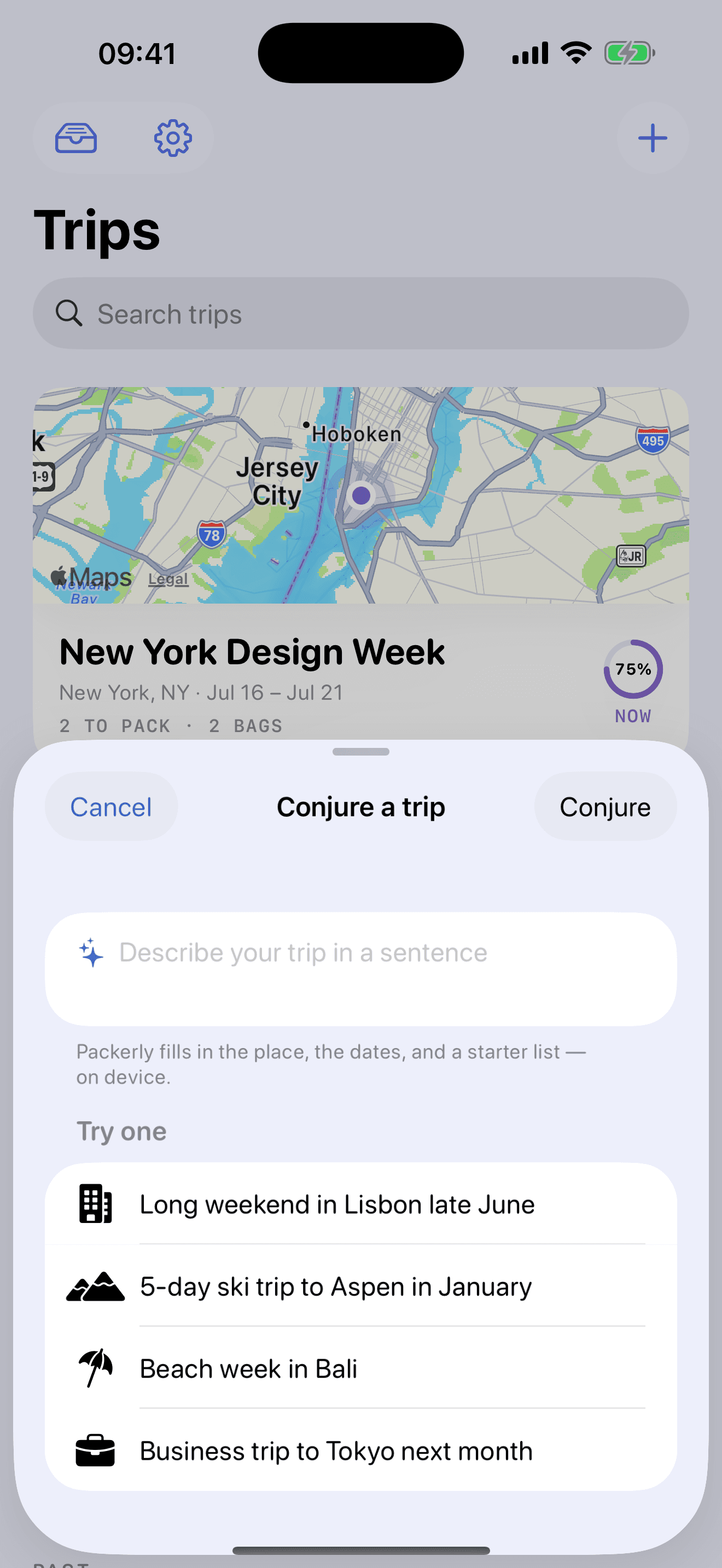 Conjure a Trip — describe a trip in a sentence and Packerly fills the place, dates, and a starter list
