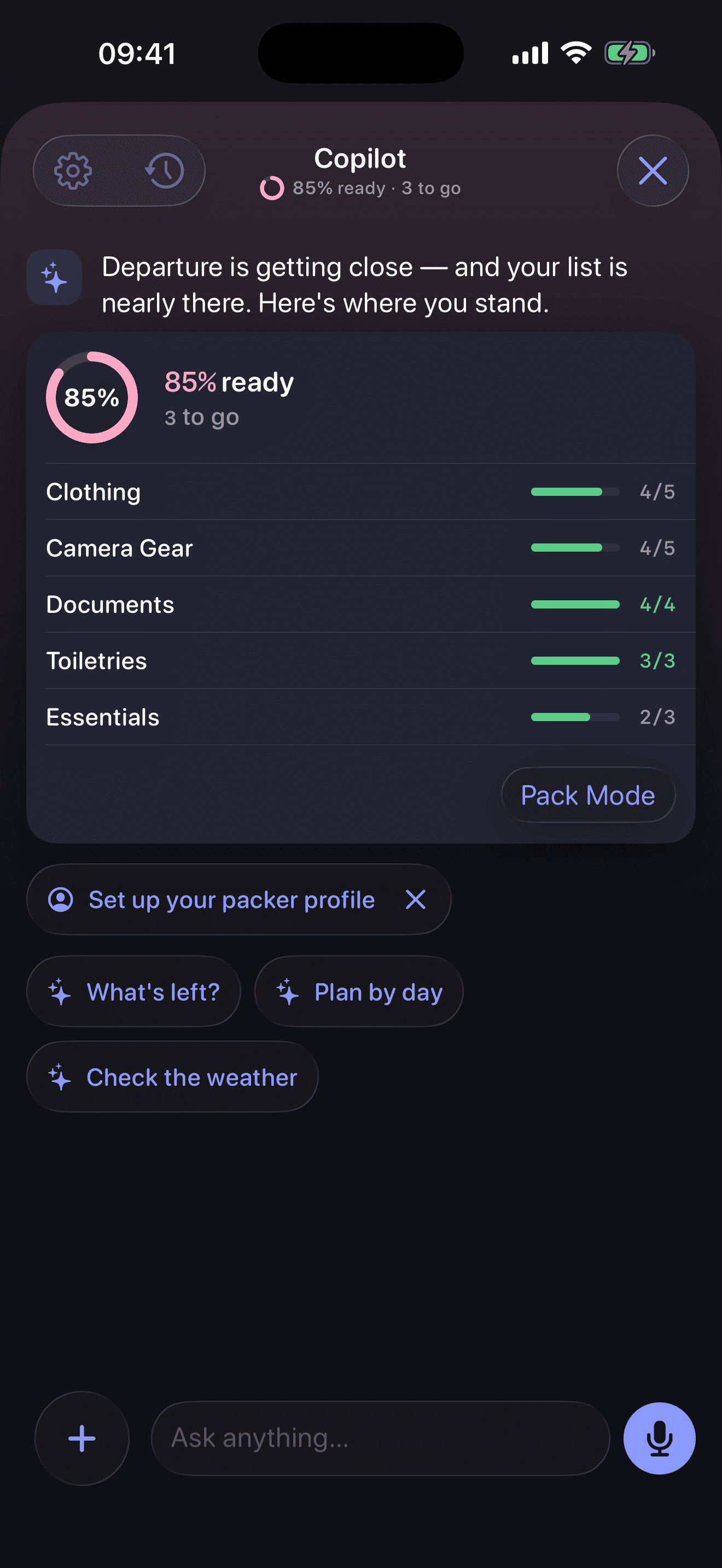 The Packing Copilot opening with a greeting, a readiness card, and tappable context chips