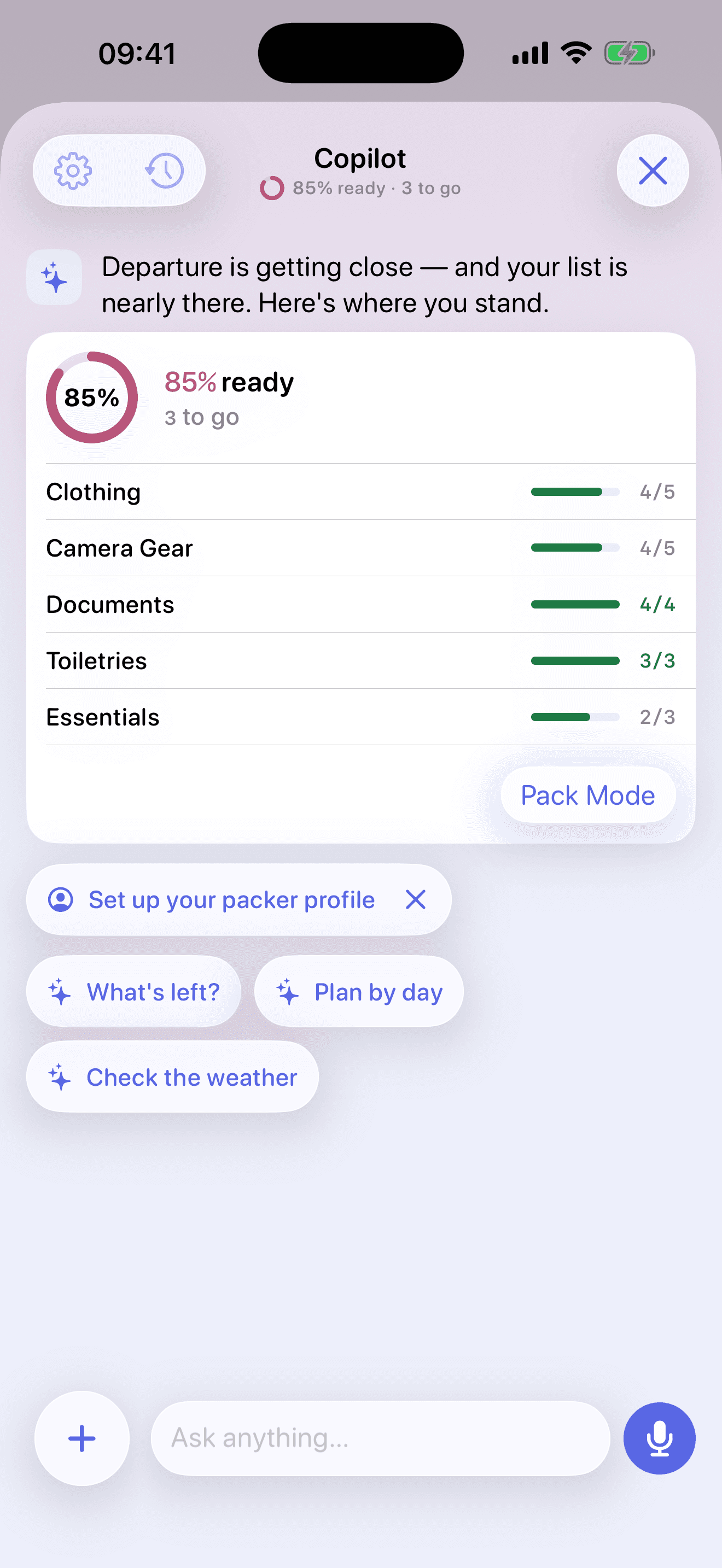 The Packing Copilot opening with a greeting, a readiness card, and tappable context chips
