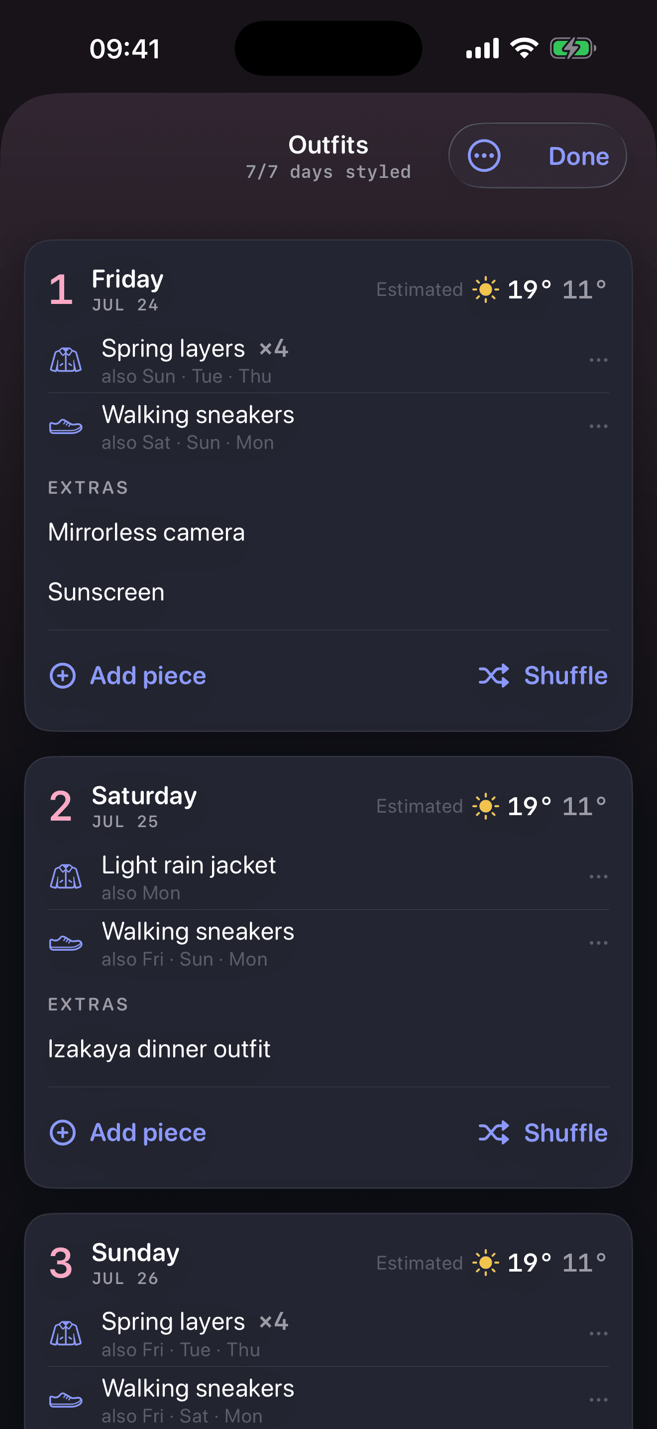 The Outfits sheet — a multi-day capsule with a weather-appropriate outfit and re-wear badges per day