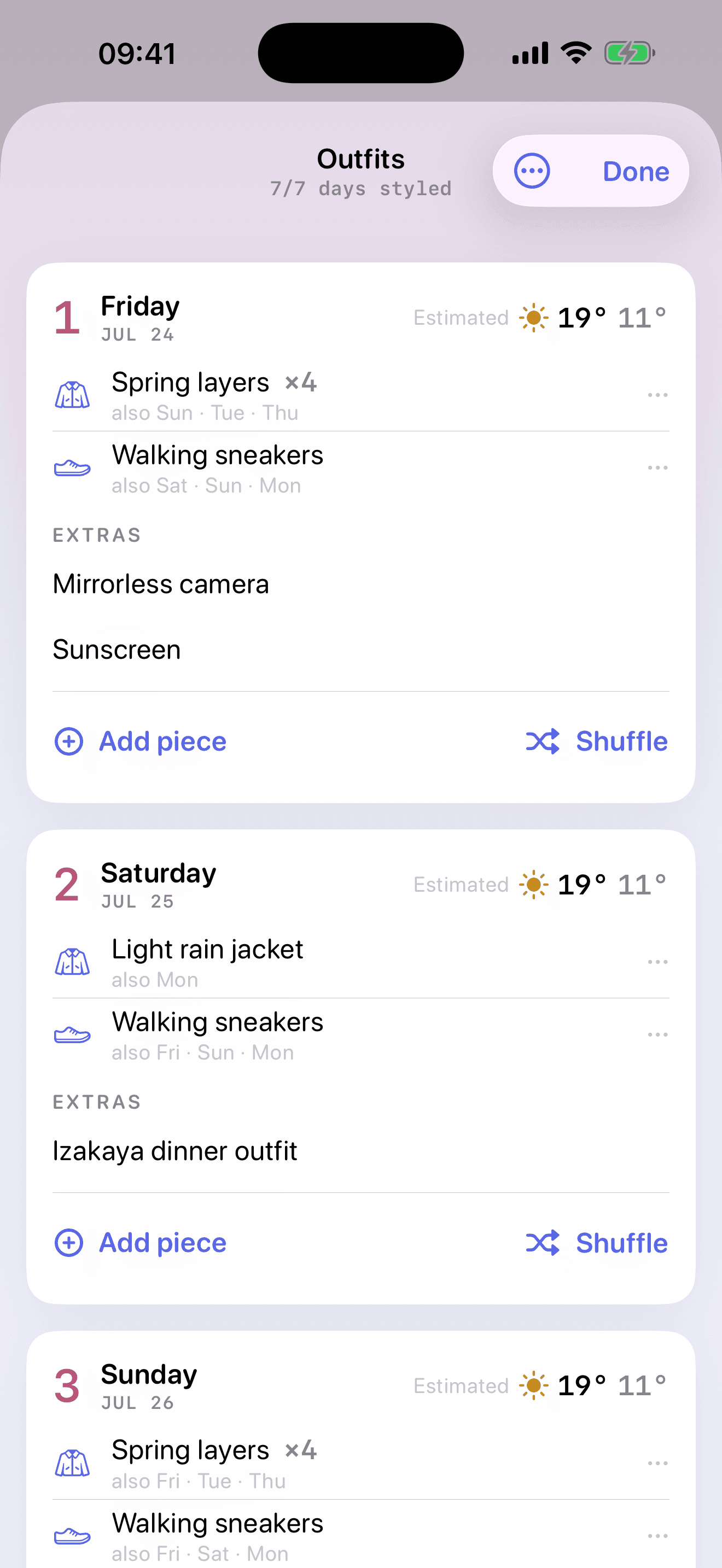 The Outfits sheet — a multi-day capsule with a weather-appropriate outfit and re-wear badges per day