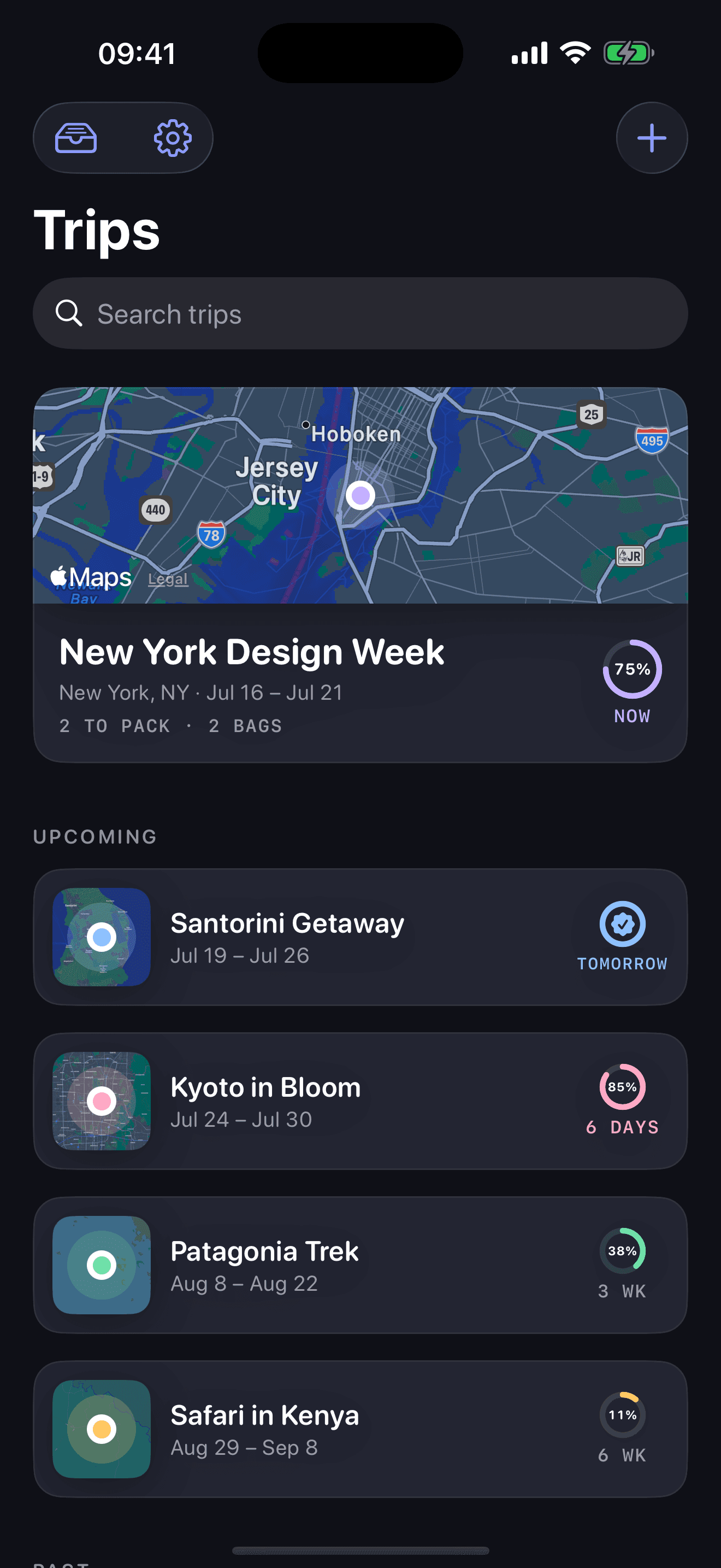 Packerly home — upcoming trips as wallet passes with map heroes, countdowns, and readiness rings