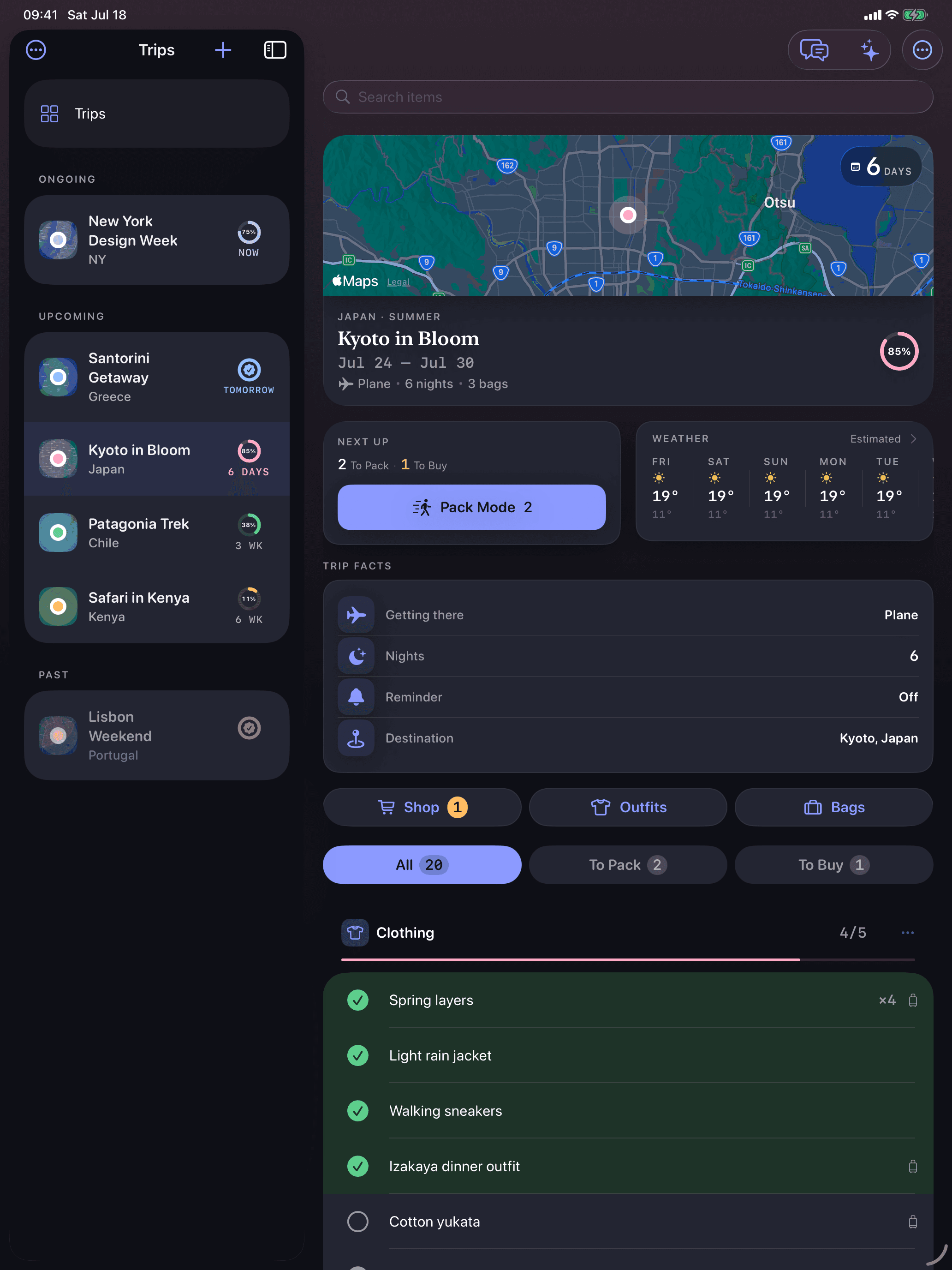 Packerly on iPad — a persistent split view with trips beside the trip detail and list