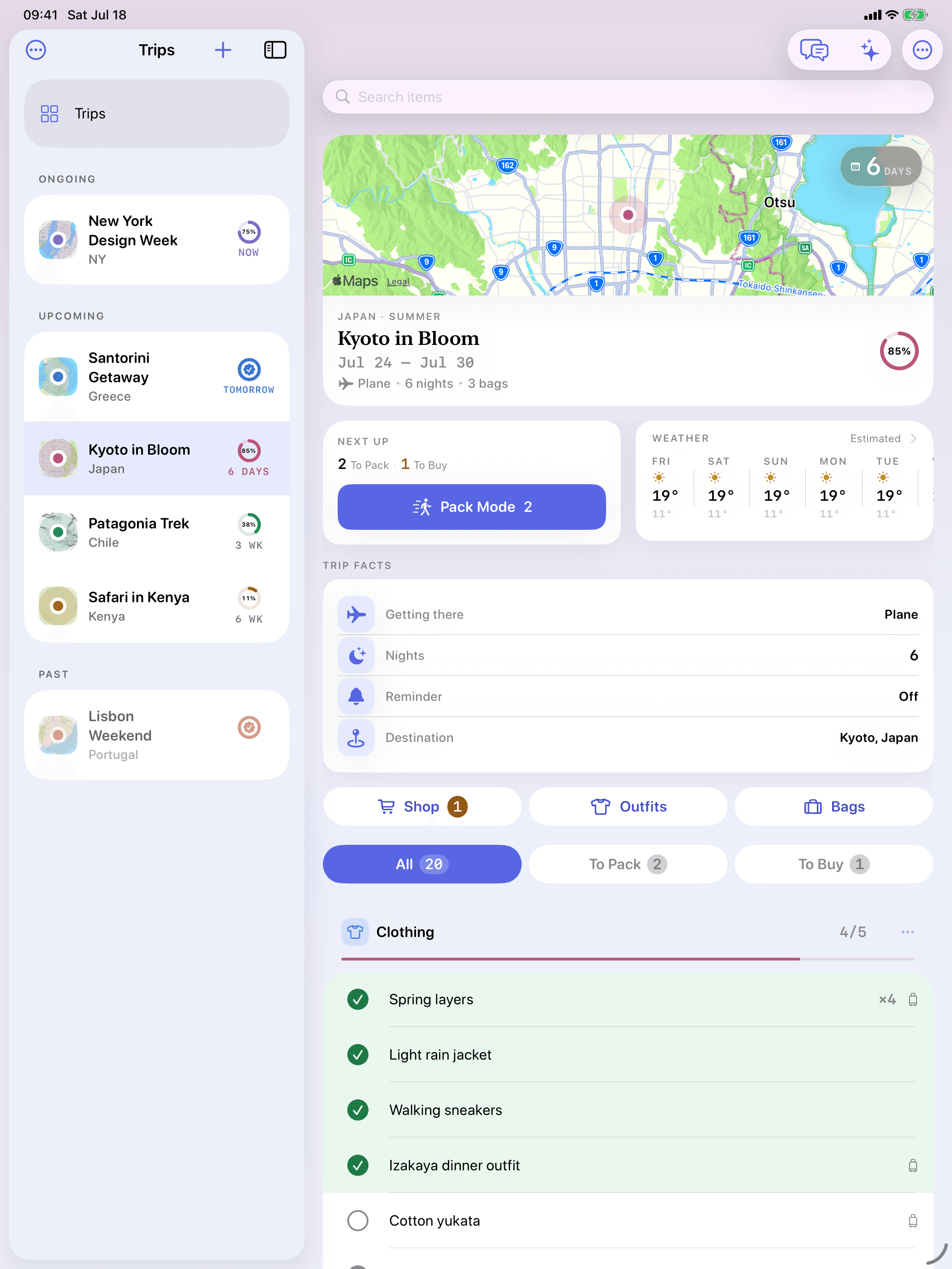 Packerly on iPad — a persistent split view with trips beside the trip detail and list