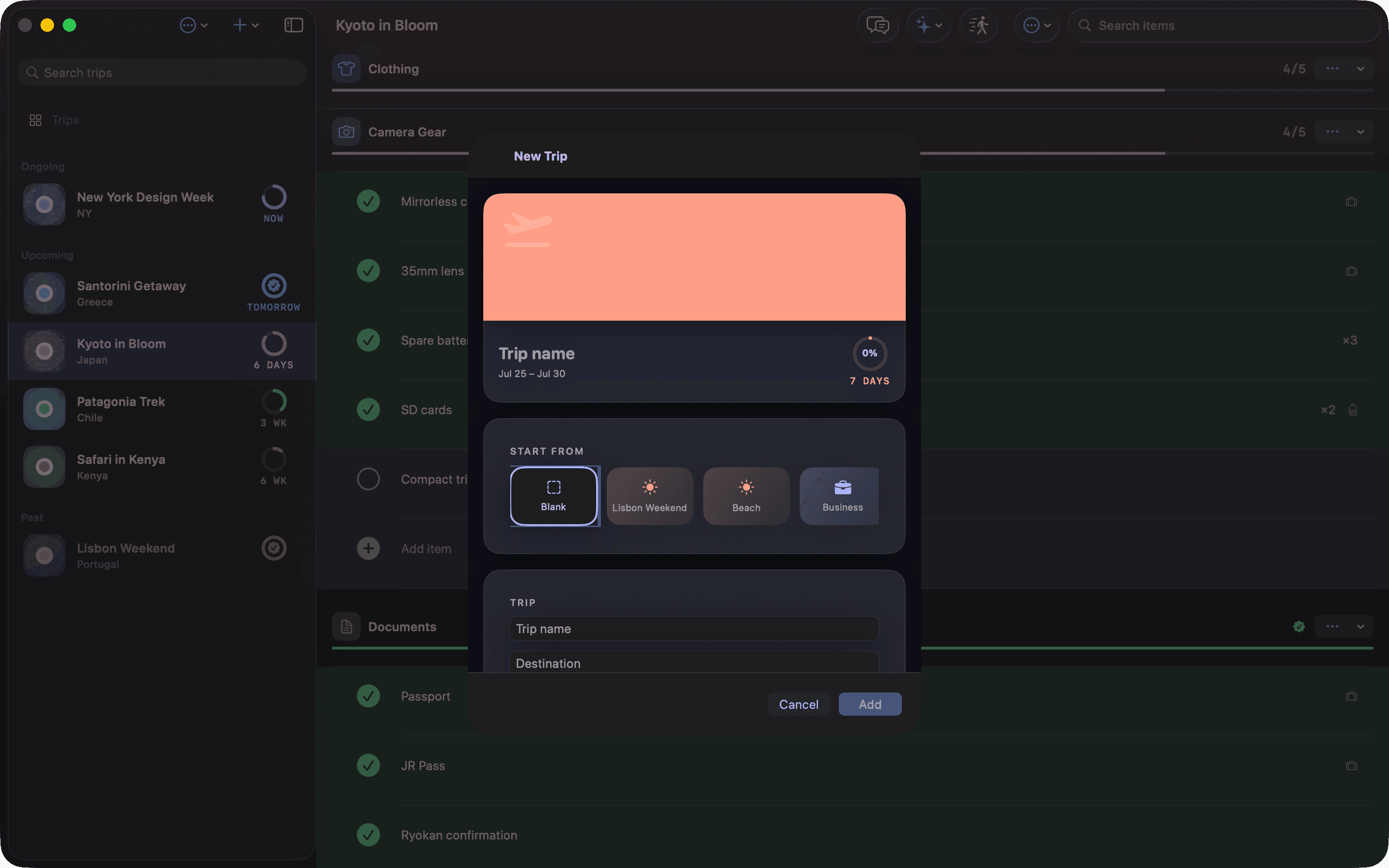 Creating a new trip in the Mac app