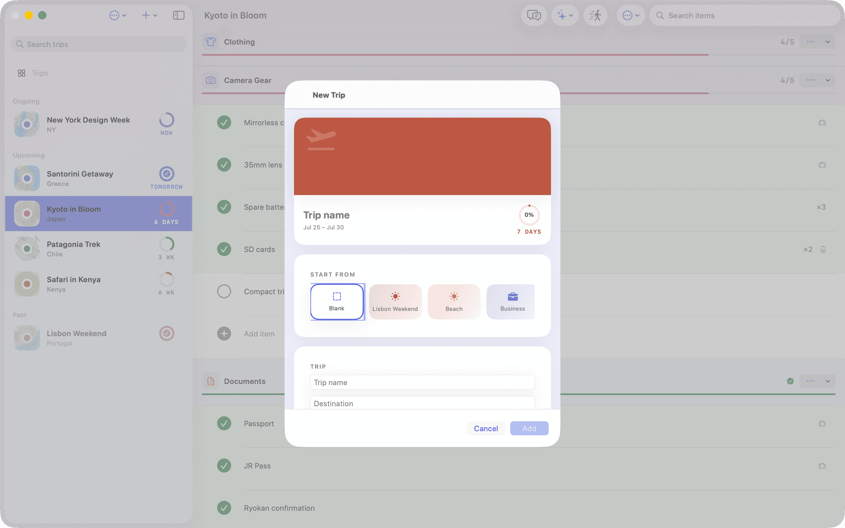 Creating a new trip in the Mac app