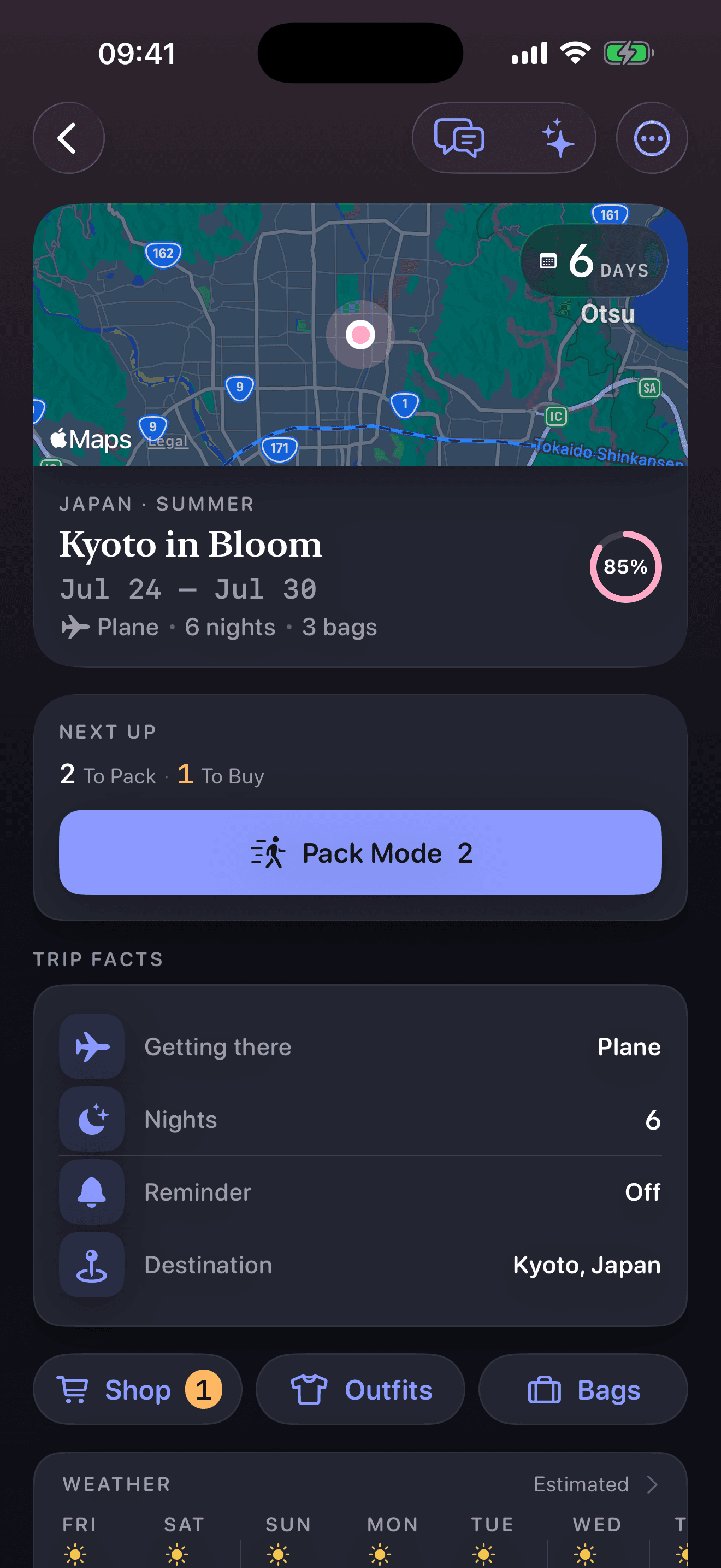 A trip detail with the readiness ring, overall progress, weather rail, and categories