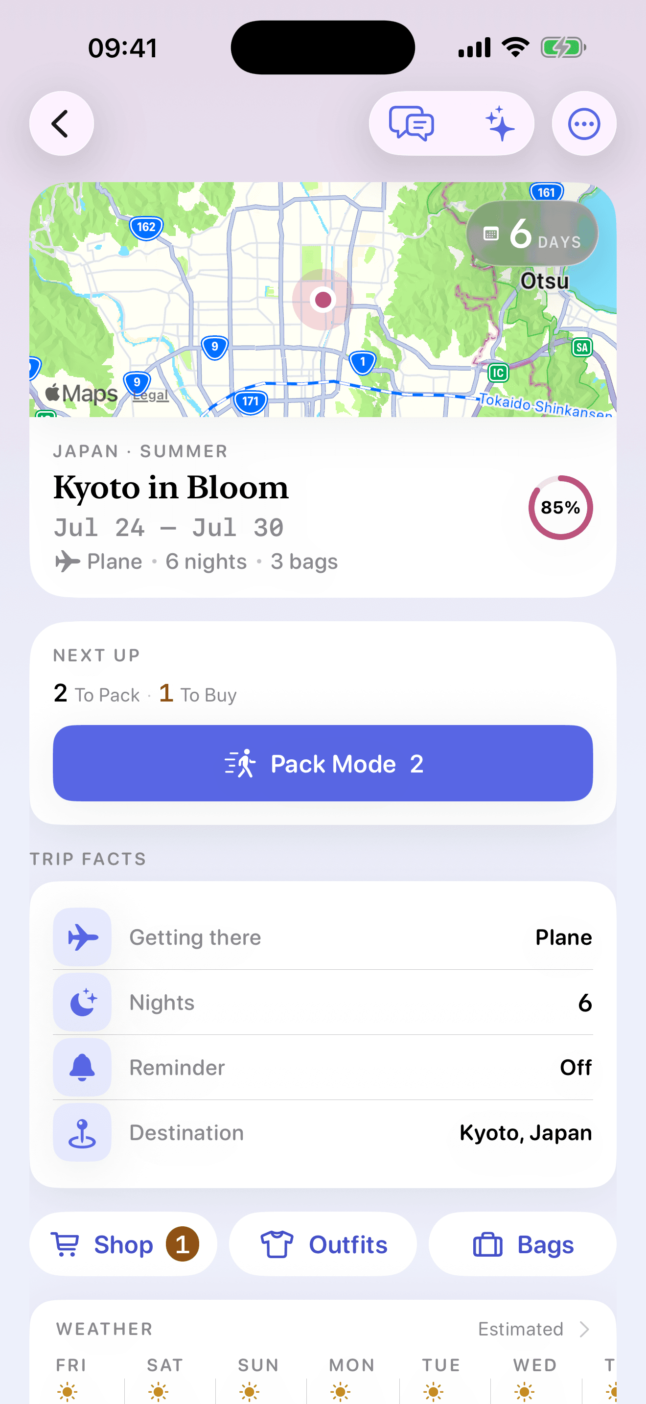 A trip detail with the readiness ring, overall progress, weather rail, and categories