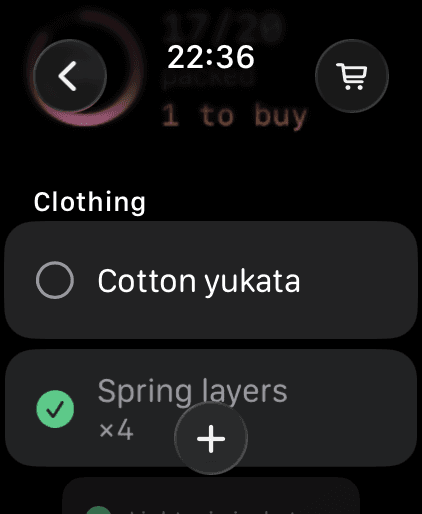 The wrist checklist on Apple Watch — readiness ring, counts, and tap-to-pack rows